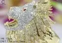 Yellow Gold Lion Head Ring with 5.5Ct round Cut Lab-Created Diamond Freshwater Pearl Emerald for Men for Parties Engagements