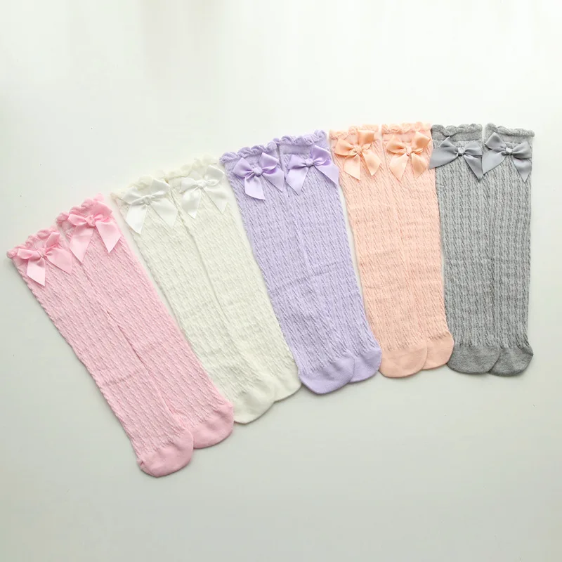 Girls Breathable Mesh Cable Knit Knee High Socks With Satin Bow Decorative Accessories Bowknot Lace Ruffle Princess Socks