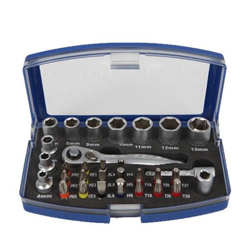 KAFUWELL SC23064E S2 Material 31pcs Mini 1/4 Ratchet Wrench Set Socket 4/12 Screwdriver Head Auto Repair Hand Tools Combination