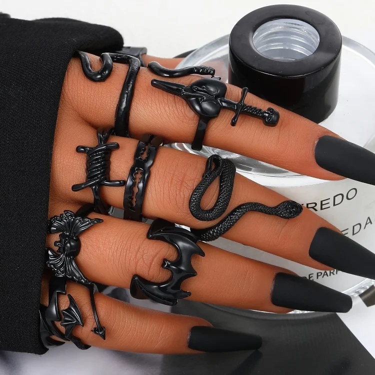 New 925 Sterling Silver Open Adjustable Retro Punk Black Ring Snake Bat Spider Shape Cool Gothic Halloween Ring for Unisex