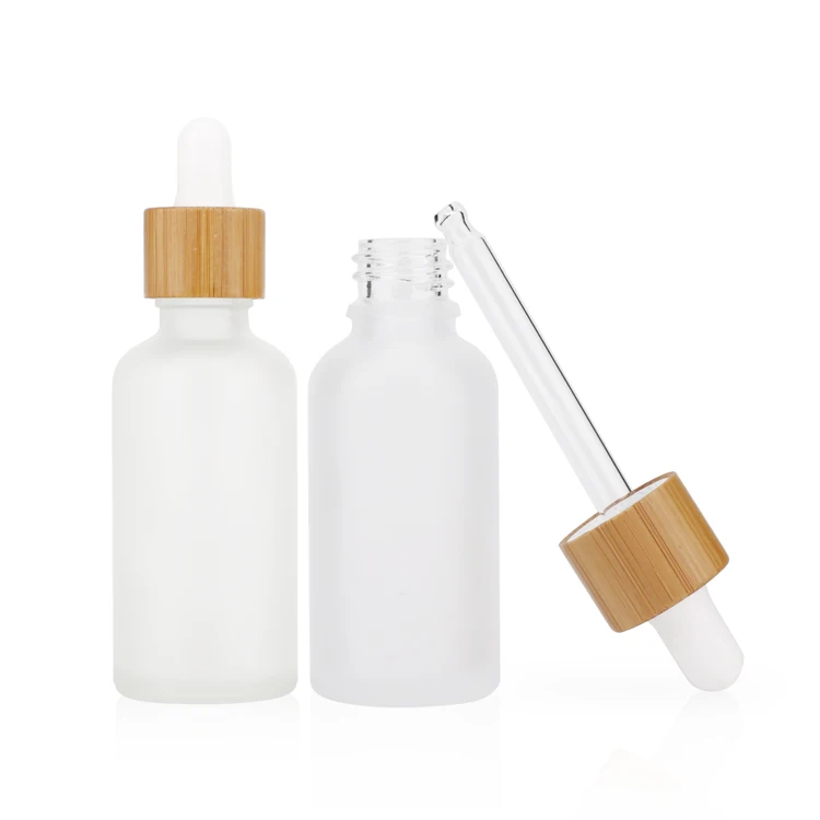 White frosted cosmetic container essential oil glass pipette bottle skincare dropper with eco-friendly bamboo top wood cap