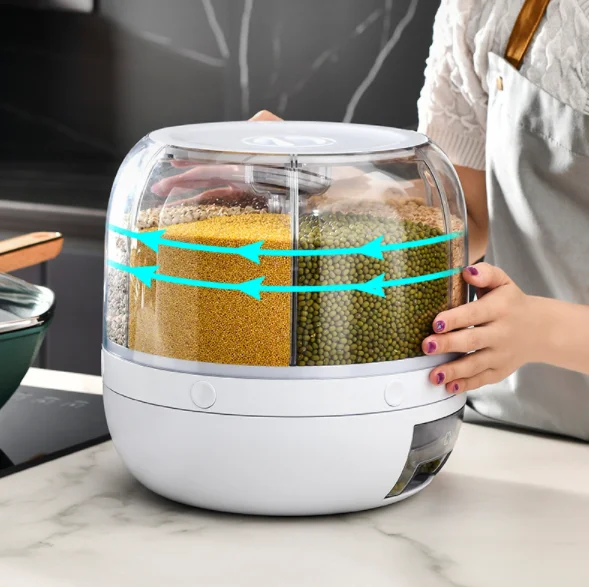 Dispenser Storage Box Rice Dispenser Kitchen Moisture Proof 6 Grid Rotating Food Grain Dispenser Cereal Rice Container