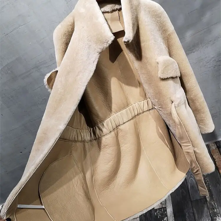 Womens Winter Warm Tweed Leather Jacket Ladies Fashion Oversized Sheep Fur Overcoat Real Woolen Long Coat