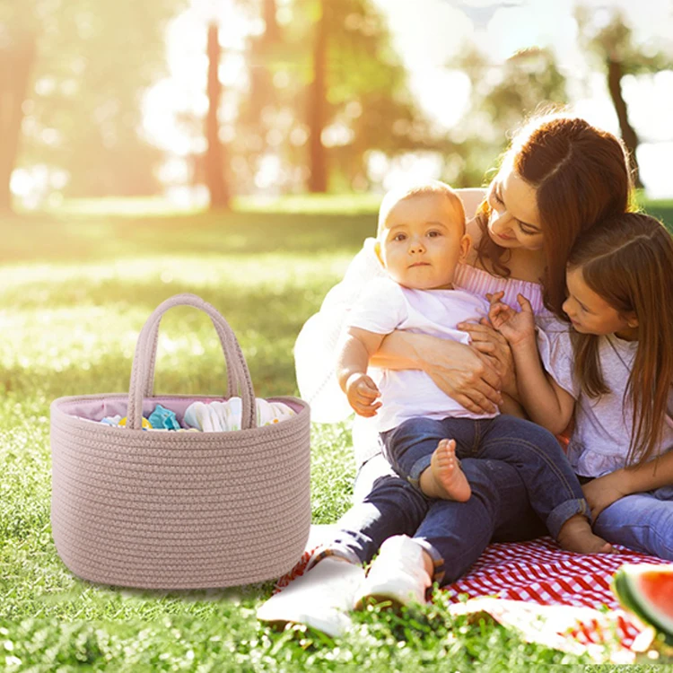 Low MOQ Detachable Colorful Cotton Rope Mommy Nappy Organizer Bin Bag Diaper Storage Caddy with Handle for Home Car or Stroll