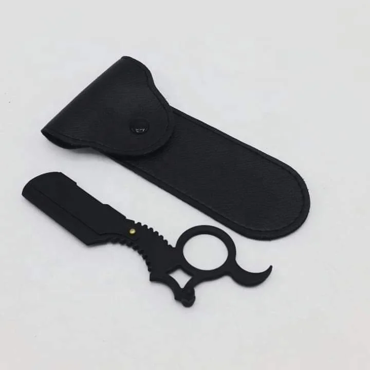 Black Re-usable Straight Fine Single Blade Shaving Razor Custom Design with Leather Pouch for Face Body Customized Brand Logo