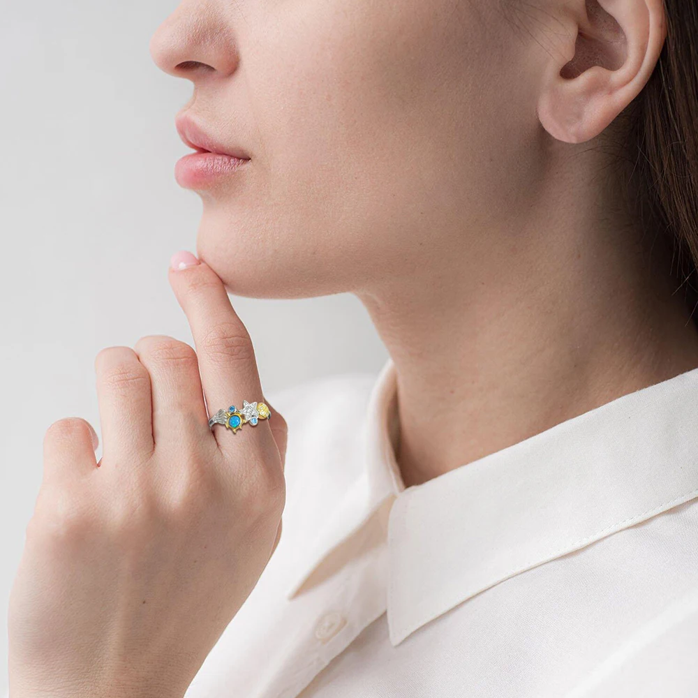 925 Sterling Silver Opal Turtle Ocean Blue Sea Life Starfish Star Rings Summer Beach Jewelry Birthday Gifts for Women Girl