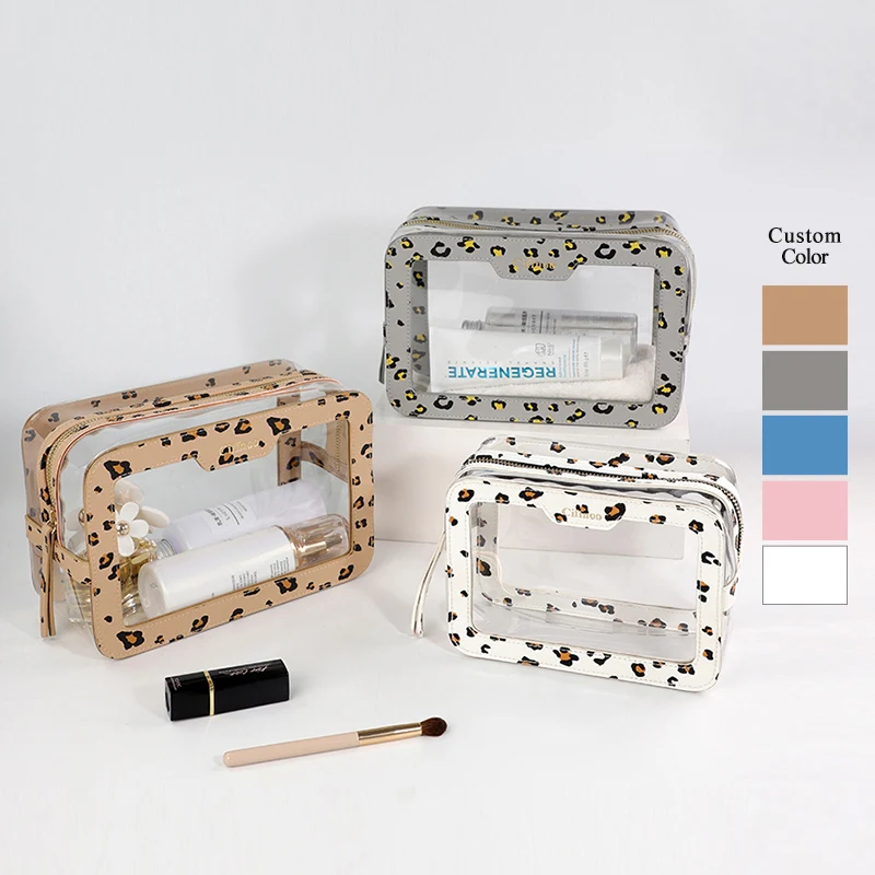 Customized Printed Design Makeup Transparent Zipper Logo Waterproof Clear Leopard Travel Square Pvc Cosmetic Bag