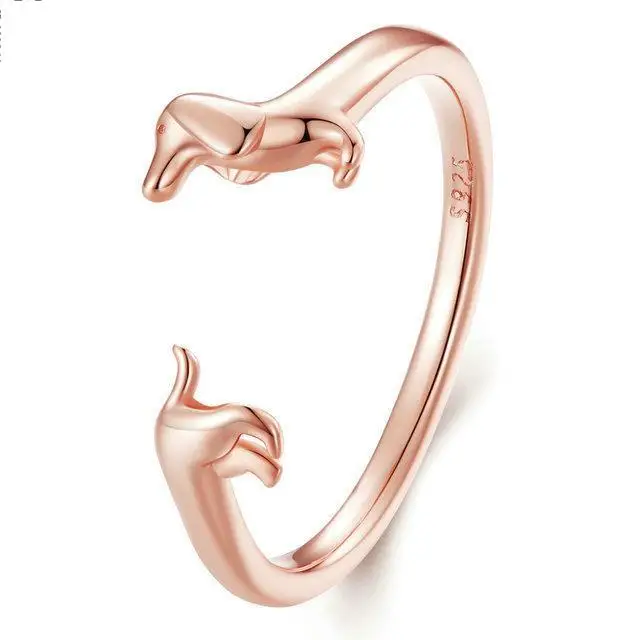 Rainbowking Sterling Silver S925 Dachshund Open Ring Simple Cute Cute Fun Vegan Silver Puppy Ring Fine Jewelry Ring