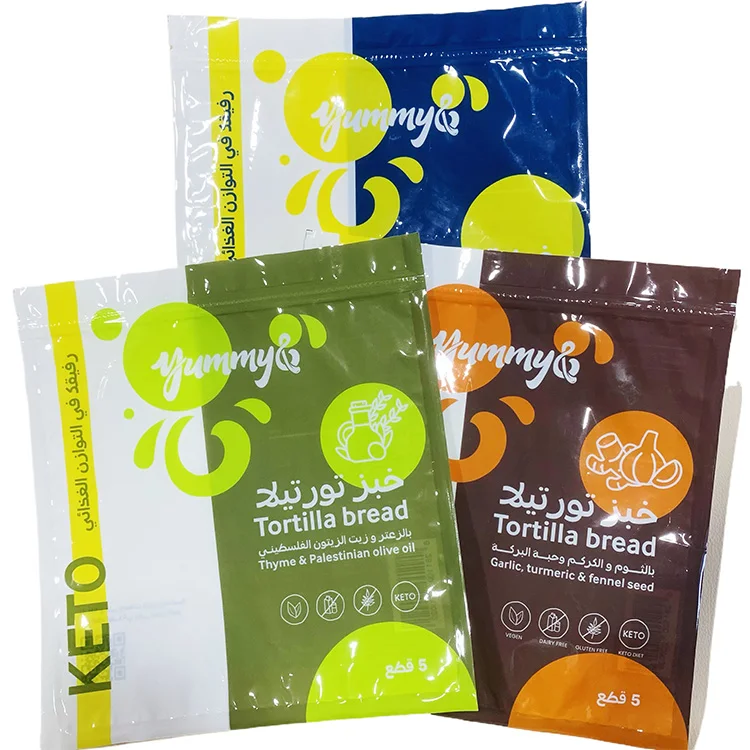 Custom Printed 3 Side Seal Mylar Bag Bread Maizena Flour Tortilla Packaging Bag With Resealable Zipper