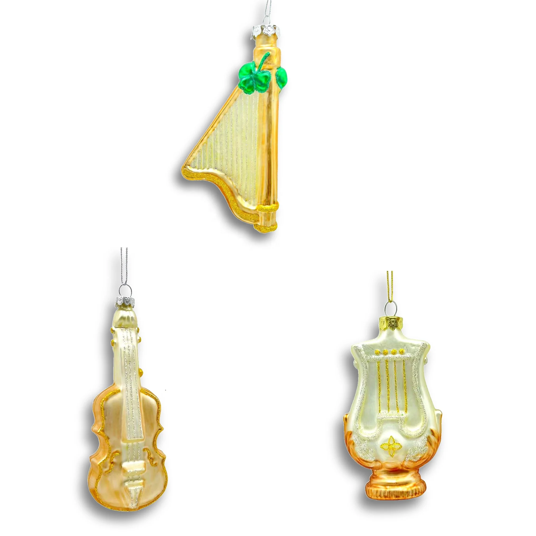 Custom hand blown musical instrument decoration party ornaments Christmas violin harp Christmas glass ornaments