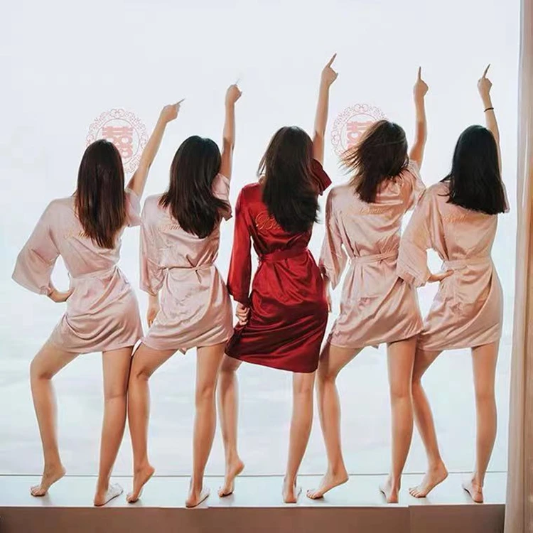 Wedding monogrammed sleep pajamas pijama long satin silk lace bridal brides and bridesmaid robes