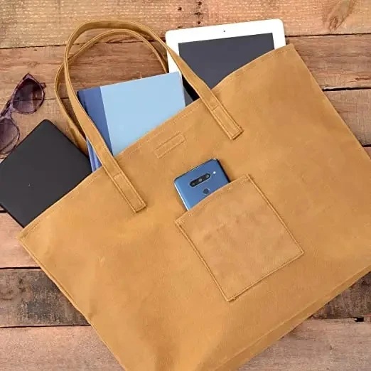 Custom bulk large reusable eco friendly durable vintage cotton cloth little brown heavy duty waxed canvas tote grocery bag