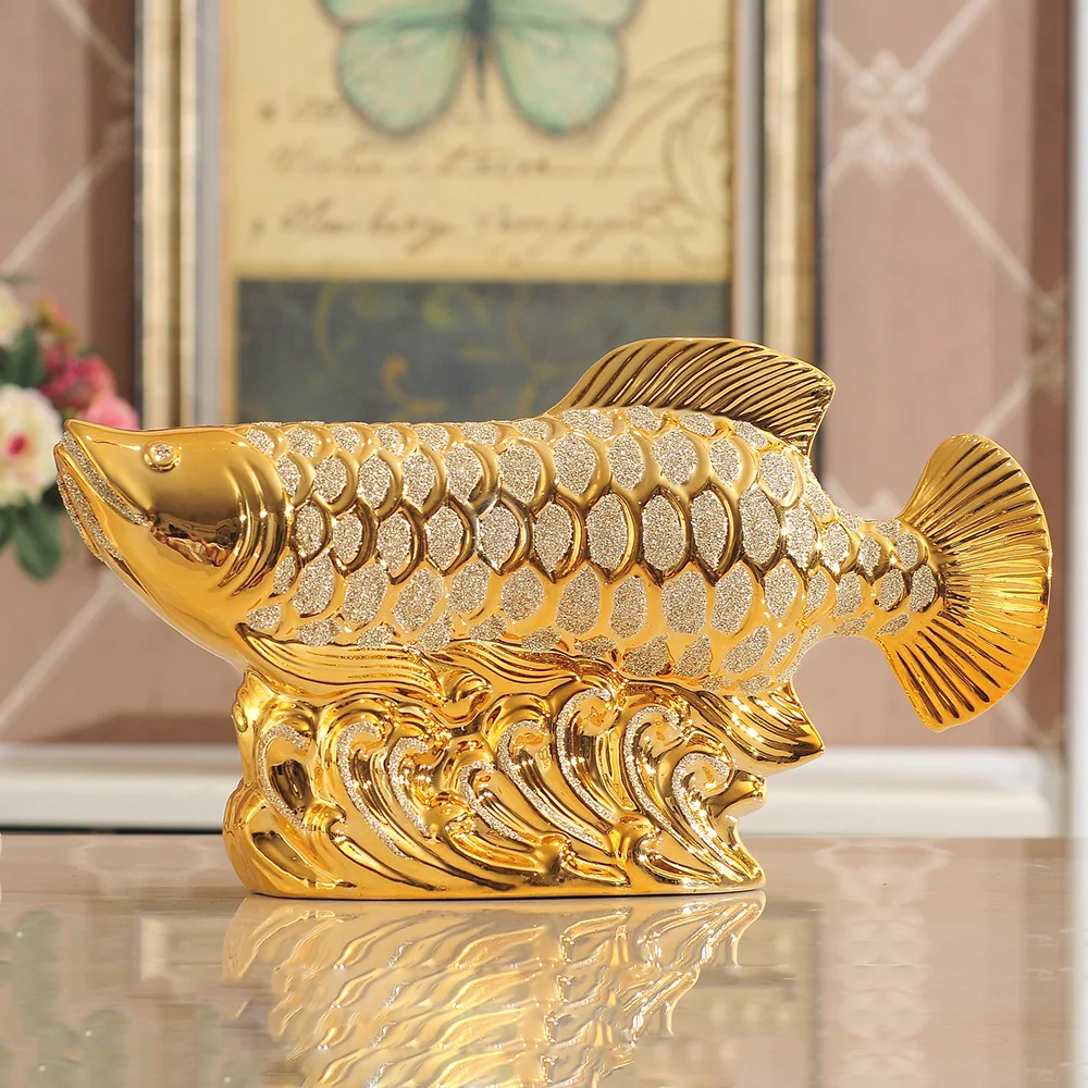 Creative Home Decorations Golden Arowana Ceramic Sculptures for Living Room Desktop Decorations