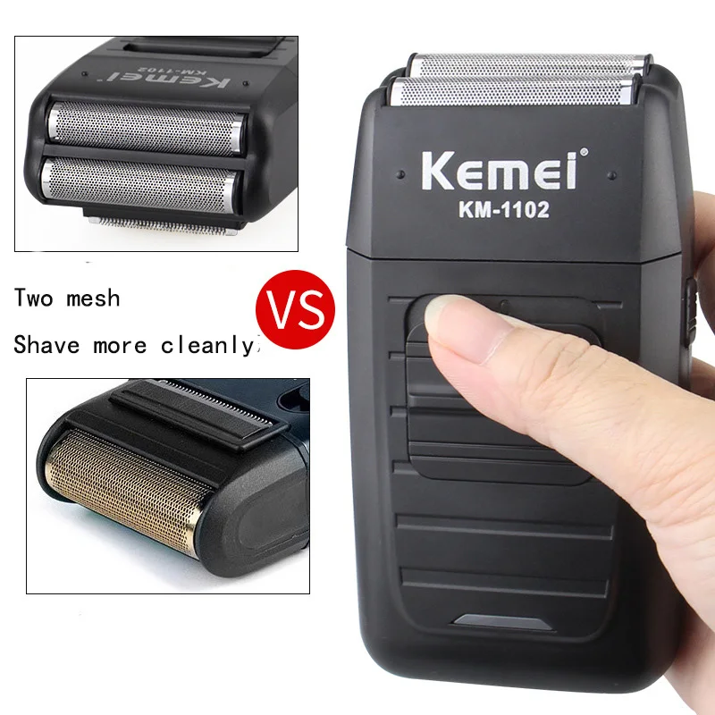 Kemei KM-1102 Rechargeable Cordless Shaver for Men Twin Blade Reciprocating Beard Face Care cutter foil and package