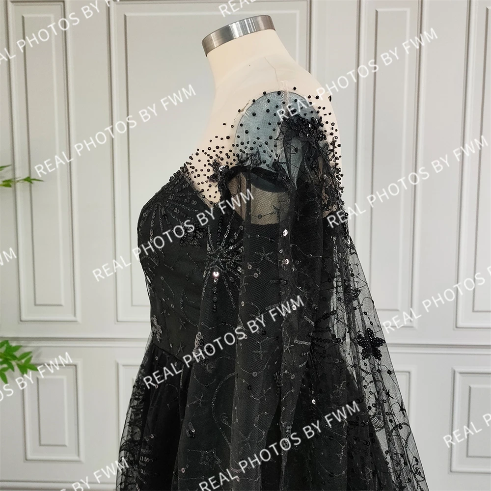 100% Real Photos High Quality Black Stars Sequined Lace Wedding Dress For Bride Women Illusion Back Bridal Gown With Cape 2024