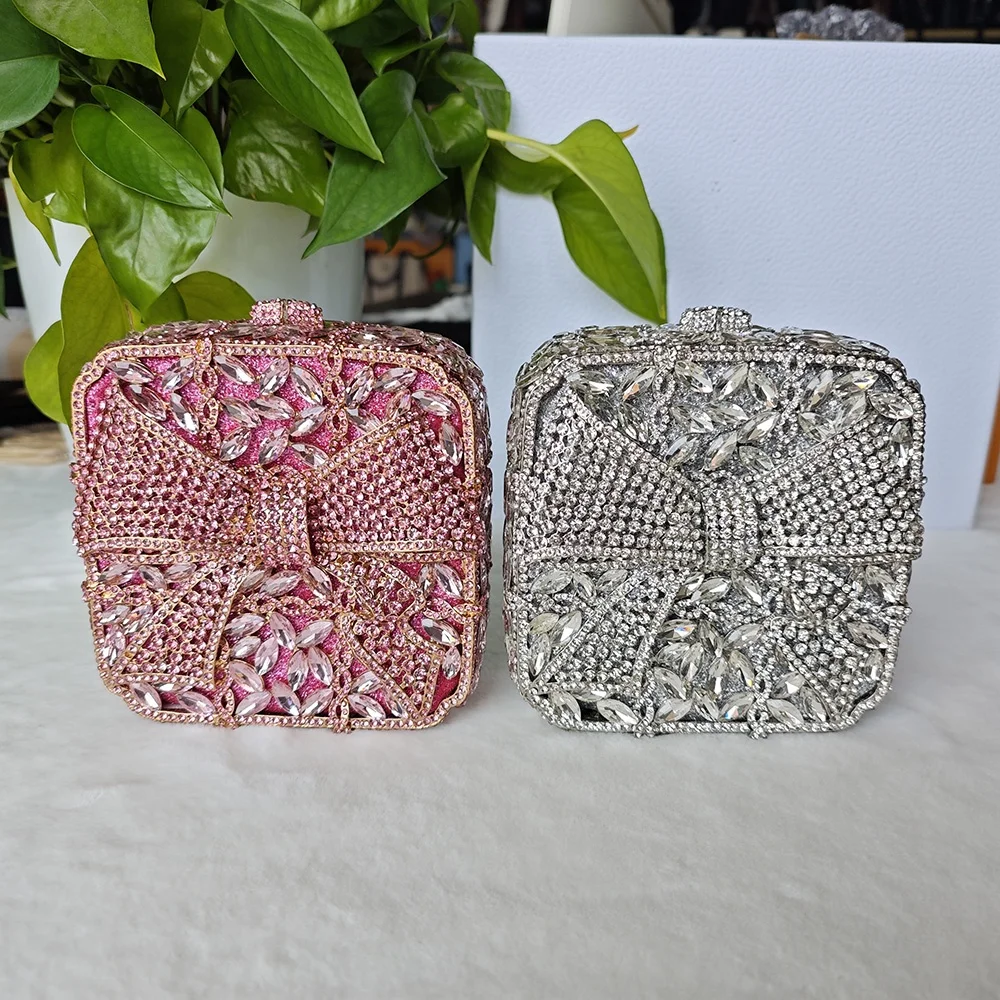 New Luxury Metal Evening Clutch Bags Bow Square Shape Rhinestones Party Purses Handbags Handmade Evening Bag Clutches For Ladies