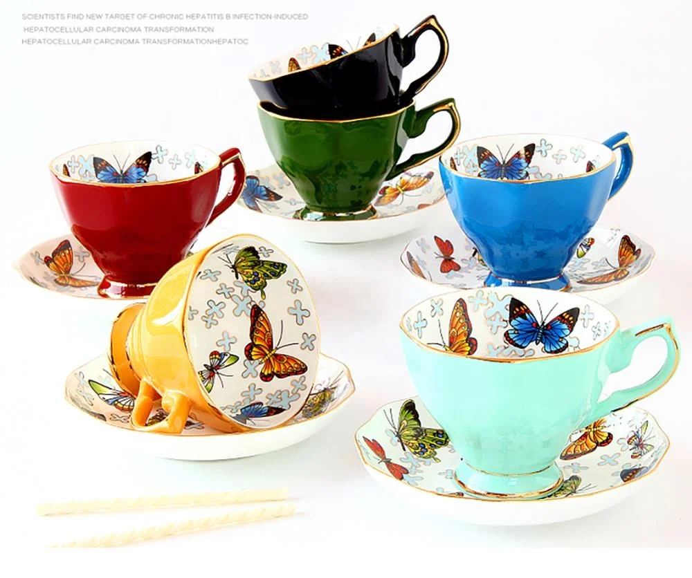 Tea Cup and Saucer Set-8oz Bone China Afternoon Tea Cup with Saucer Butterflies Printing Gift Teacups for Girls or Fri