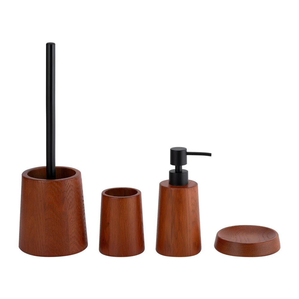 Набор аксессуаров для ванной комнаты из коричневого дуба, Круглый конусный черный насос, деревянная мыльница, деревянная мыльница, набор для ванной комнаты
