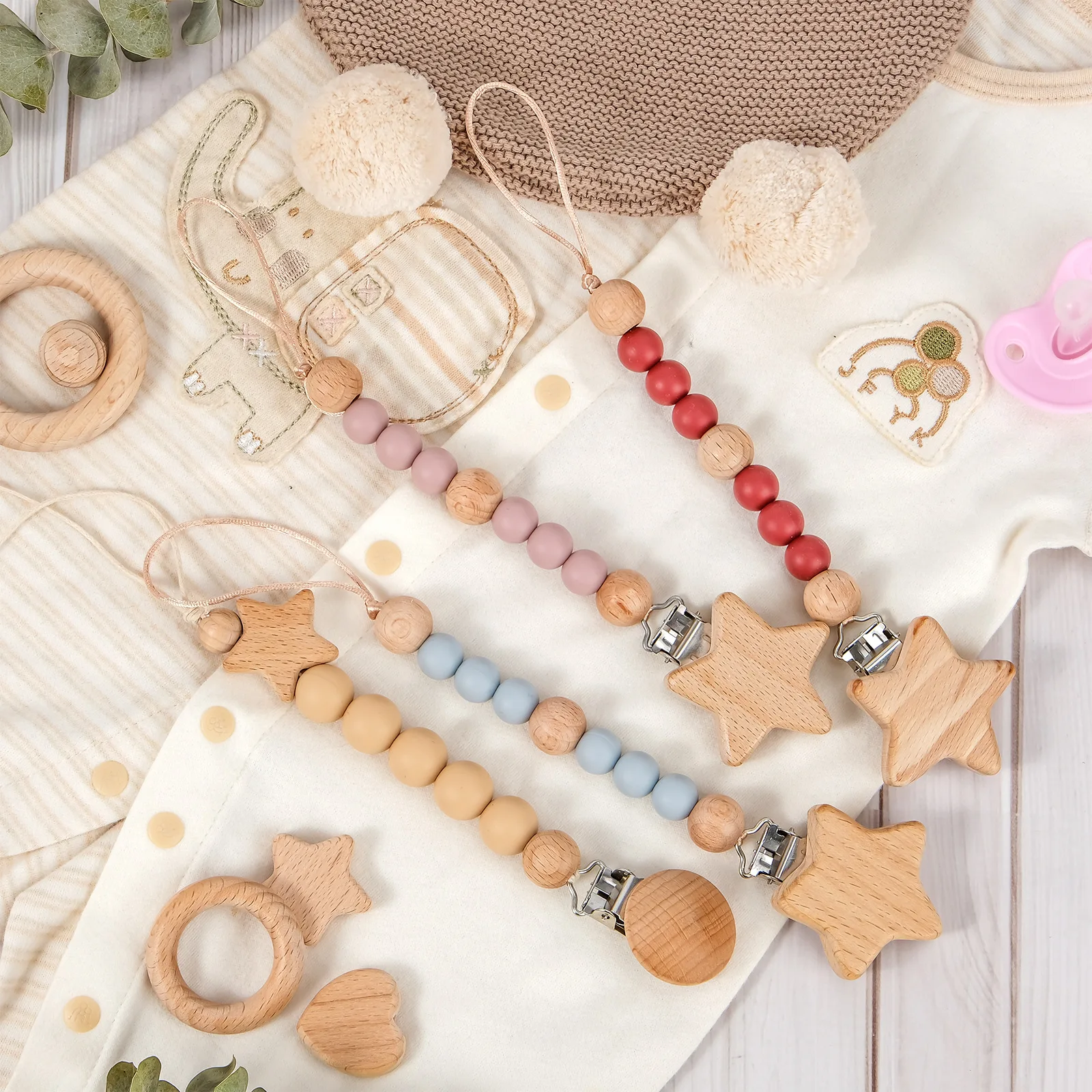 Wooden Silicone Pacifier Clips Holders Paci Clip Teething Relief with Neutral Baby Binky Holder Baby Shower and Gift