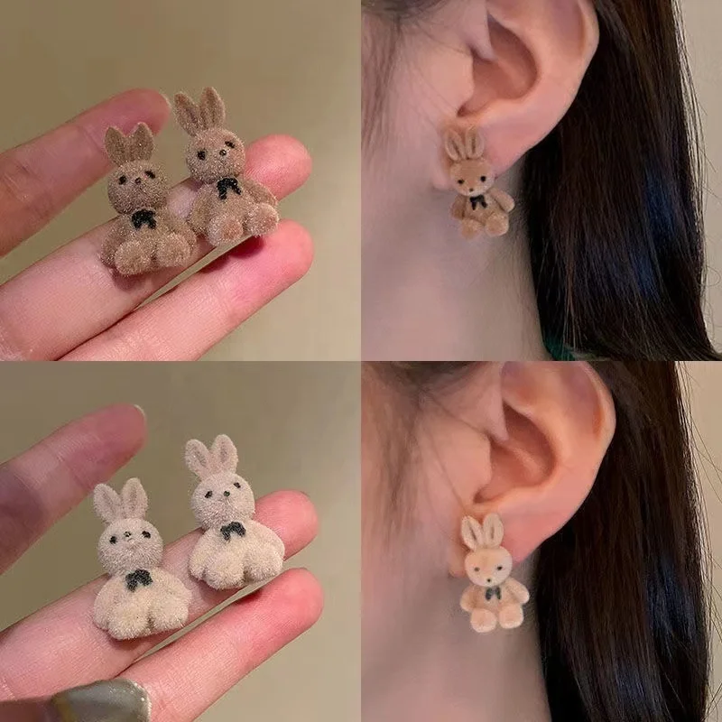 2024 New 925 Silver Needle Korean Flocking Cute Little Bear Earrings Simple and Trendy Heart Student for Girls Fashion Style