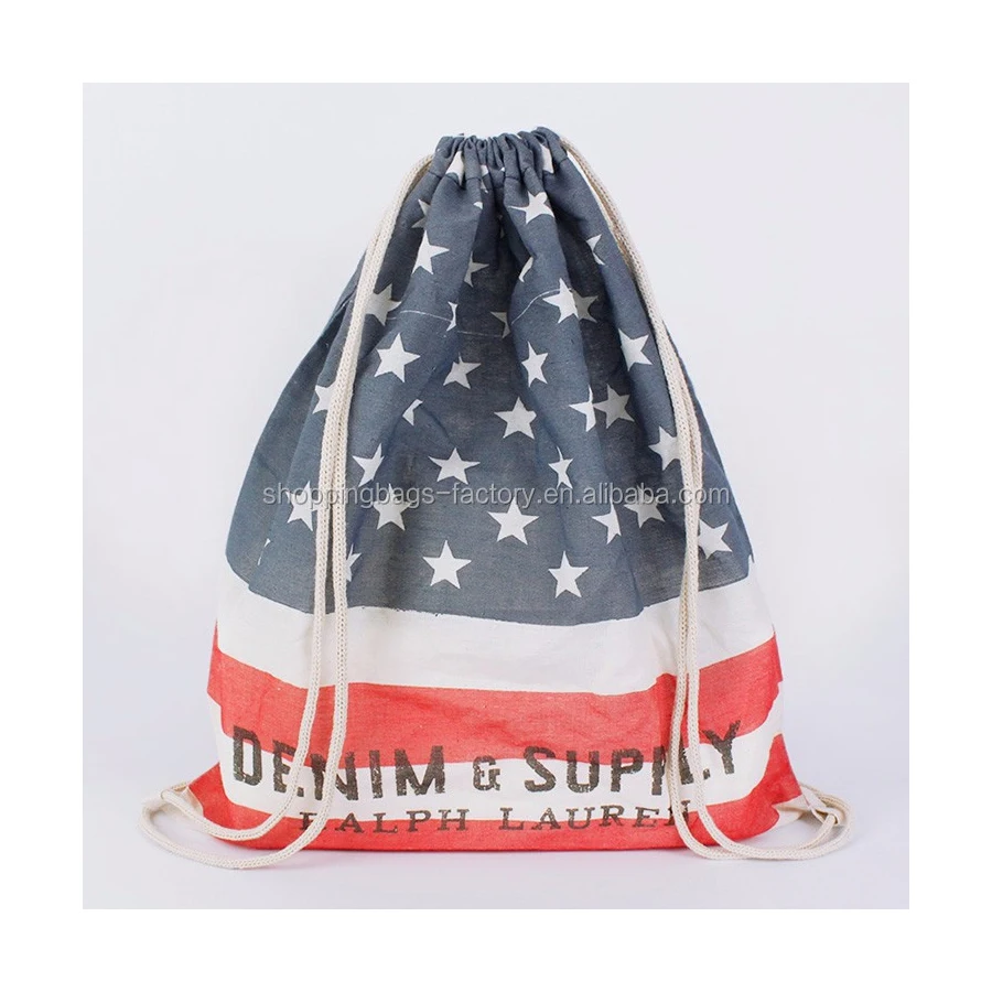 Fashion Flag Canvas Soft Cloth Calico Drawstring Bag Cotton Drawstring Backpack