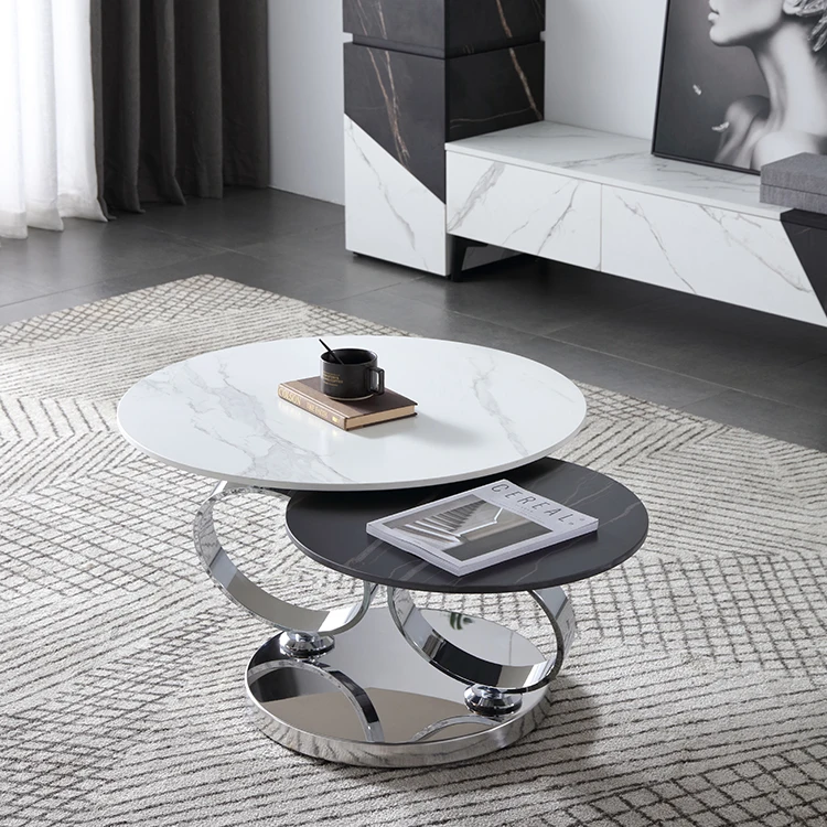 639 round small space saving living room furniture sets modern sintered stone rotating center coffee tables