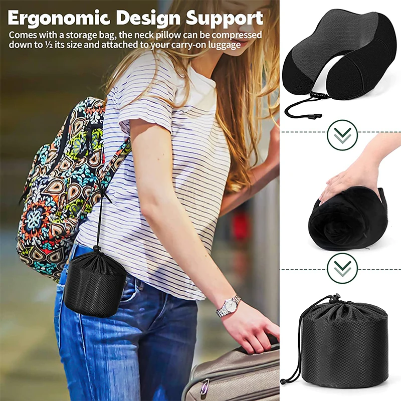 Cooling Set Eye Mask Neck Rest Cushion 3 in1 U Shape Memory Foam Travel Neck Pillow