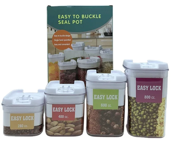 Set of 4 Plastic Canister Jars with Air Tight Lids for Kitchen or Bathroom Food Cookie Cracker Storage Containers