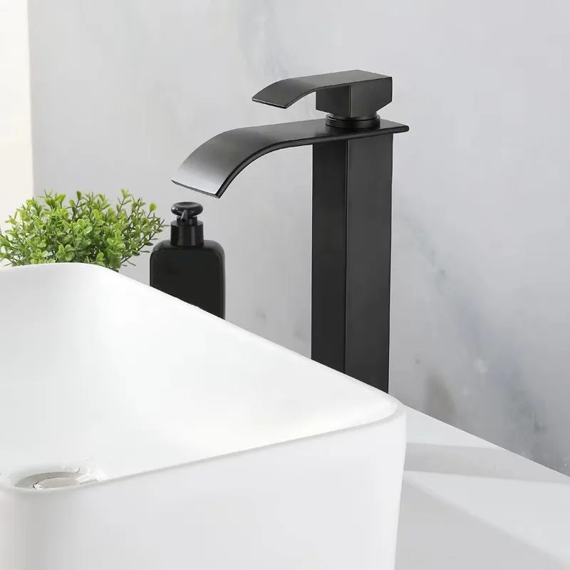 Unique Bathroom Waterfall Stainless Steel  Lavatory Vessel High Bathroom Sink Faucet Deck Mounted Tall Basins Faucet
