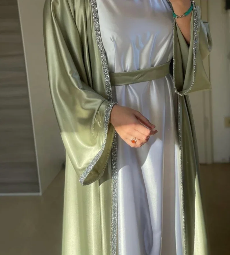 Wholesale islamic muslim dubai qatar abaya with inner set designs dubai 2 piece satin abaya sets