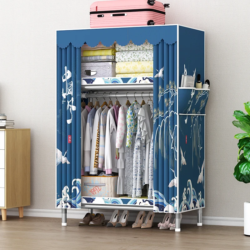 Wholesale simple folding reinforced steel tube polyester & cotton fabric storage wardrobe simple storage closet for home school