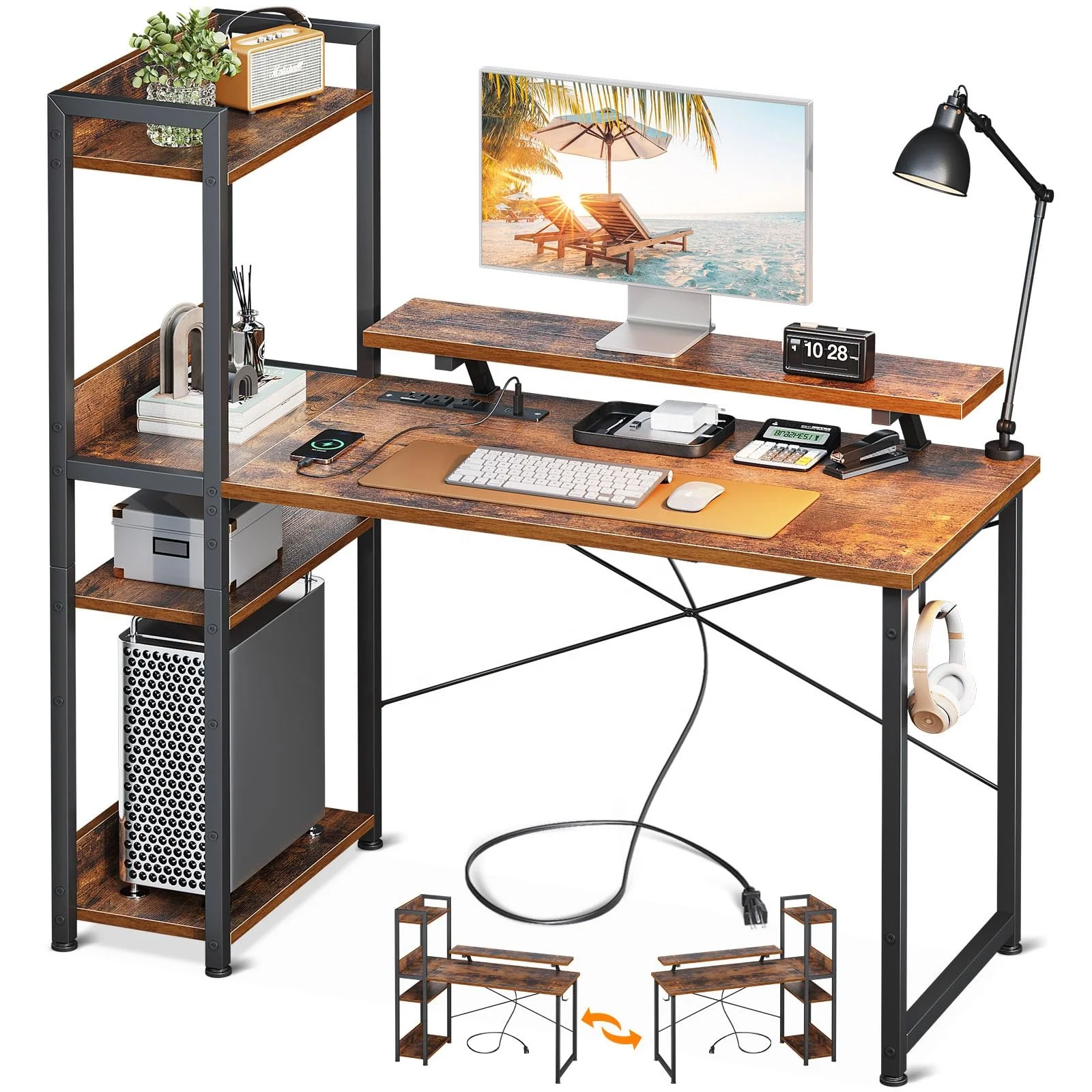 Computer Desk with Power Outlets & USB Charging Port with Reversible Storage Shelves and Monitor Stand for Home Office