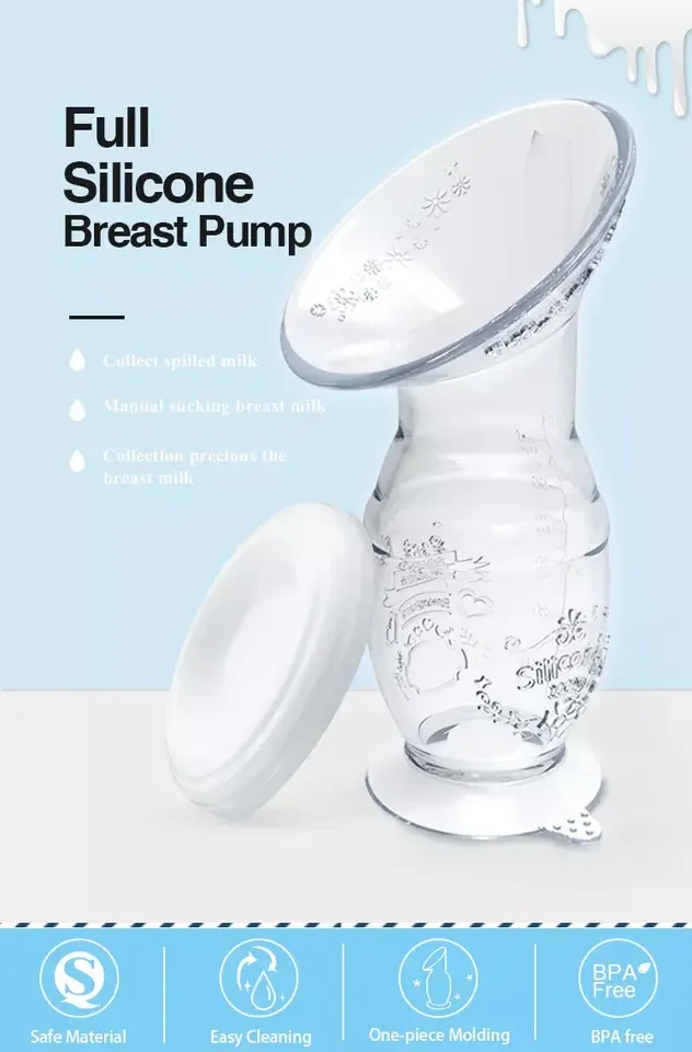 Custom Food Grade Silicone Manual Breast Pump Breast Milk Collector Suction Breast Pump with Dust Proof Cover Lid 4oz Capacity