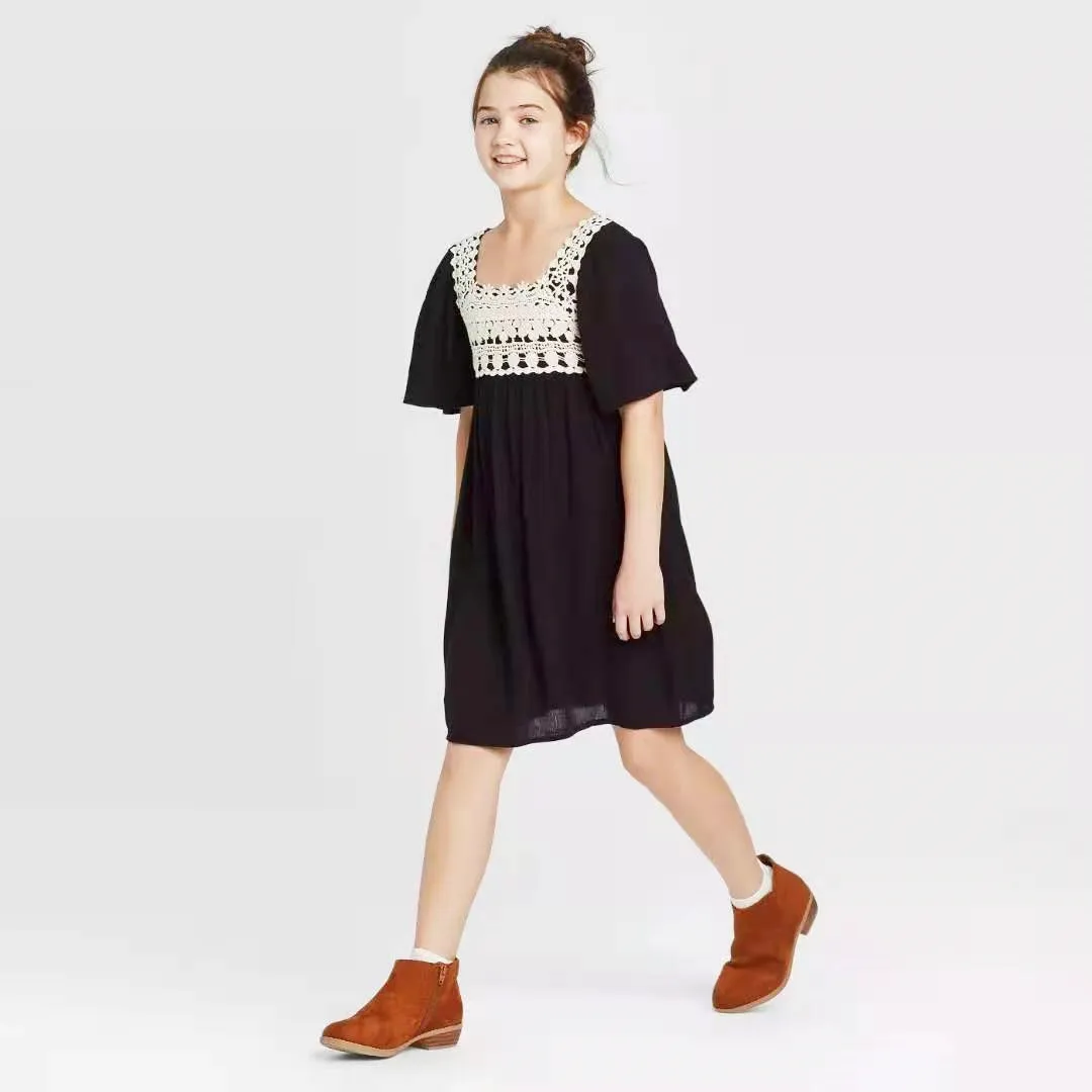 Кружевные летние платья для девочек с квадратным вырезом и цветочной вышивкой