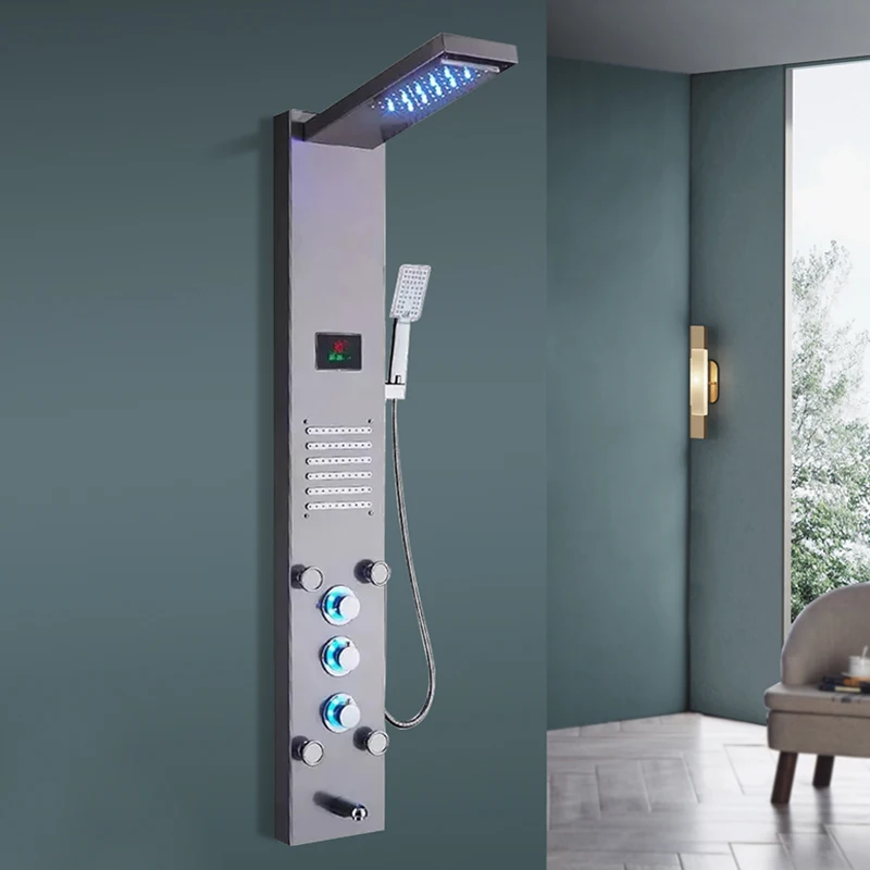 luxury wc toilet rain shower tower system bathroom wall mount shower column set black stainless steel led shower panel waterfall