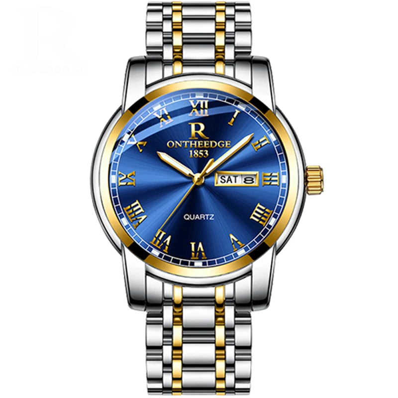 ONTHEEDGE Stainless Steel Men Watch Women Quartz Wristwatches Week Date Display Roma Scale Relogio Masculino Reloj Hombre 031