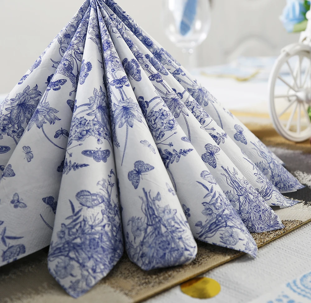 Wholesale printed tissue paper disposable napkins 33*33 CM blue butterfly pattern paper napkin high grad table napkin