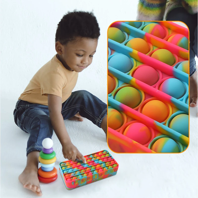 Colorful Rain Bow Push Bubble Toy School Pencil Pouch box Silicone Bag Fidget Popings Holder Fidgets Its