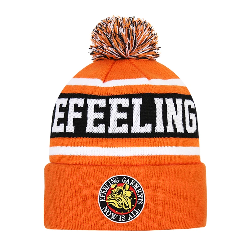 Bobble Hat Orange Black Custom Embroidered Logo Warm Wool Outdoor Skiing Beanie With Pom
