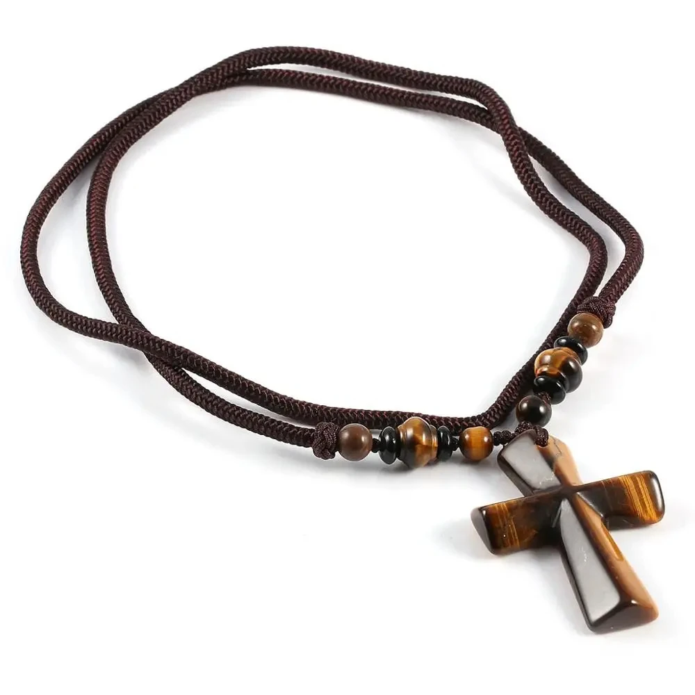 Handmade Cord String Catholic Religion Prayer Gift Natual Stone Jade Tiger Eye Cross Pendant Necklaces