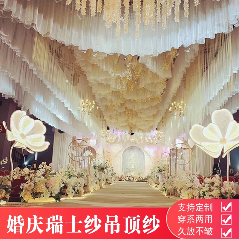  Wedding props ceiling voileSSwiss mesh wedding hall stage decoration venue layout cloud top