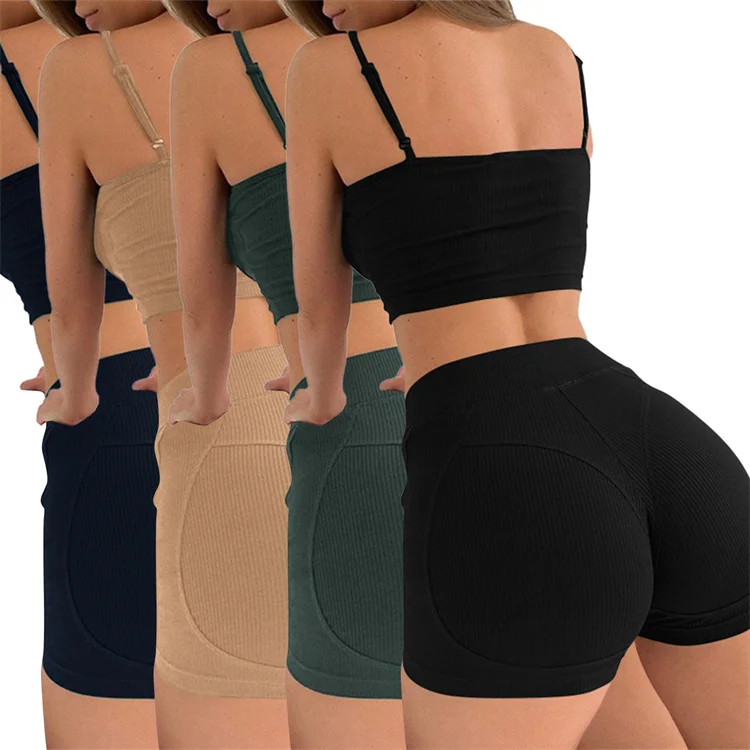 solid color women crop top set sexy sport shorts joggers pants two piece pants set