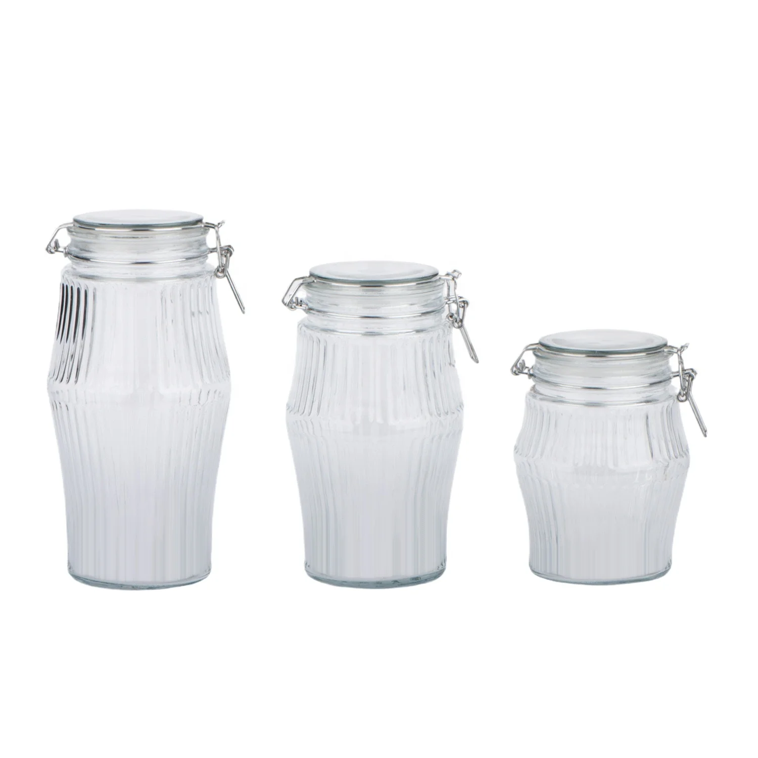 1300ml 1700ml 2150ml Glass Food Storage Jar with Lid and Metal Clip Embossed Vertical Lines Design