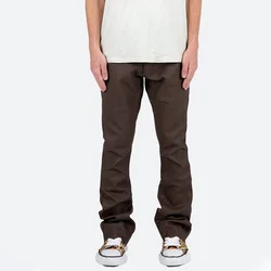 OEM Custom Logo Fashion Casual Sweat Jogger Pants Stacked Washed PU Vegan Leather Flare Denim Pant For Men