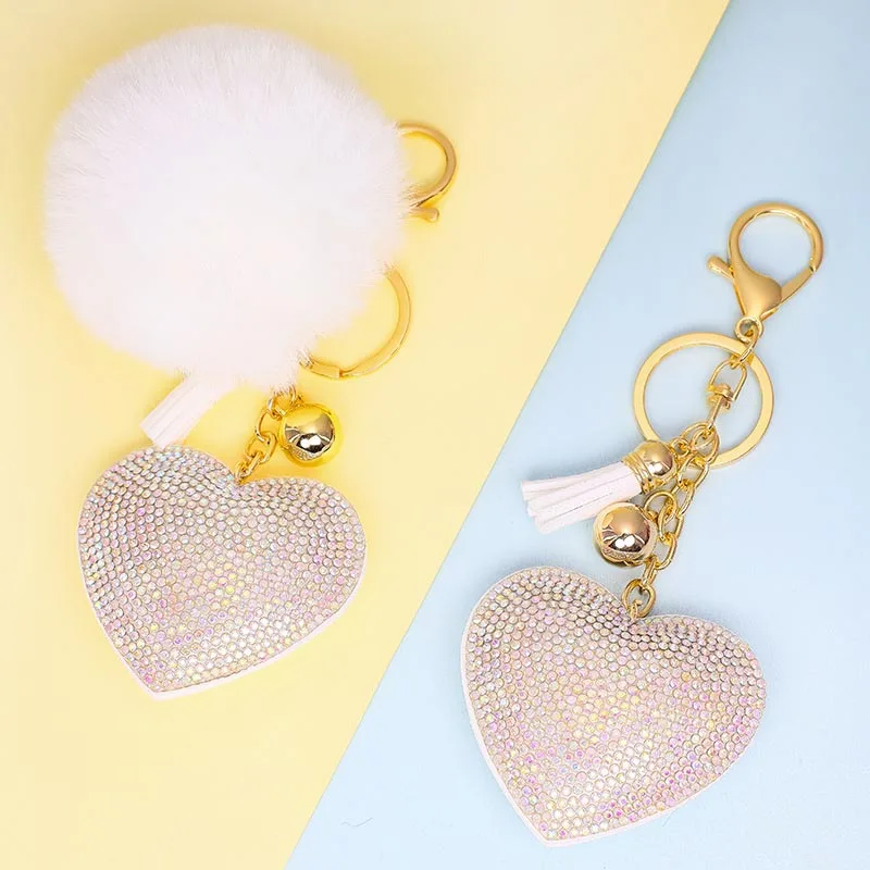 Custom Tassel Pendant Key Chain Korean Velvet Love Heart Shaped Diamond Keychains Pom Pom For Women