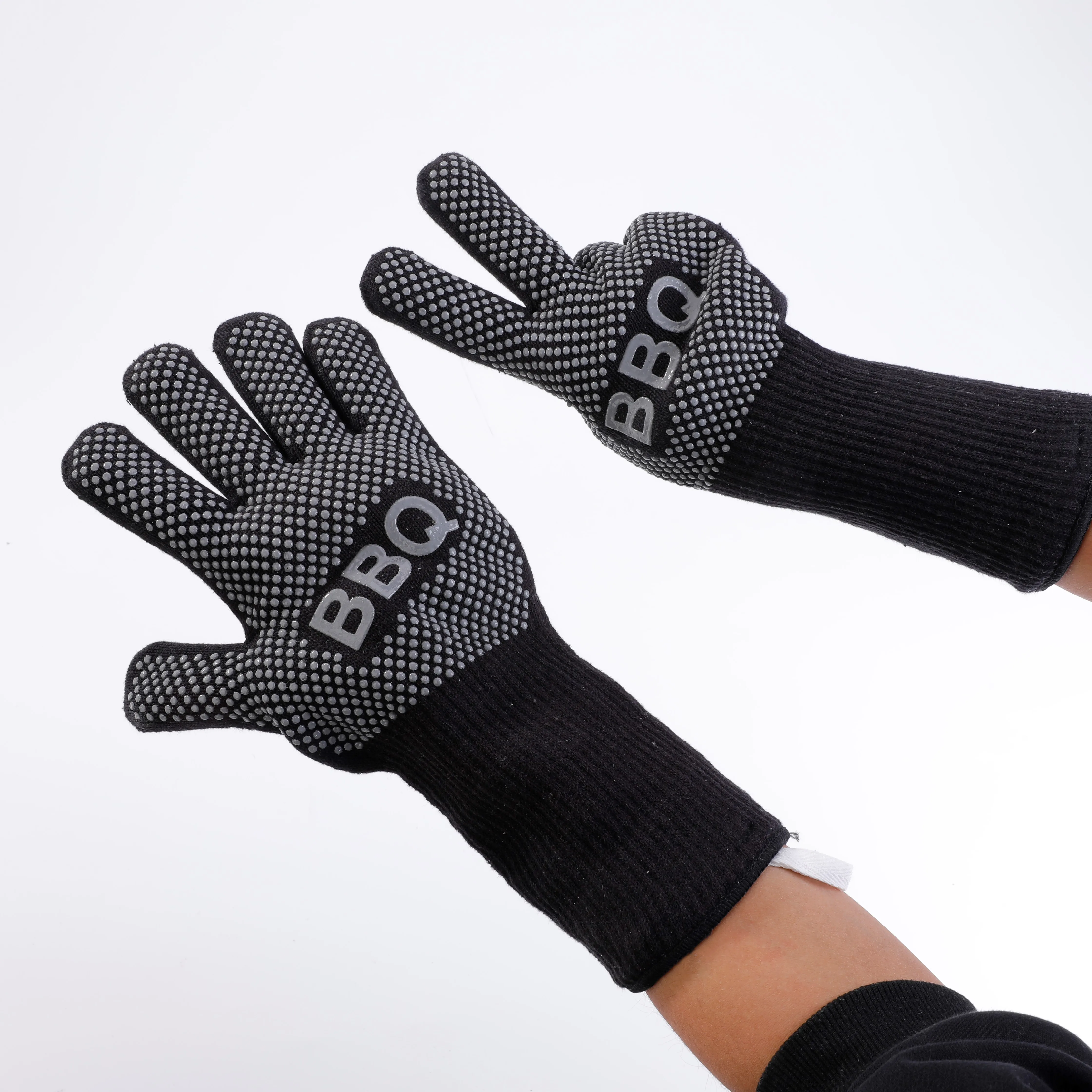 custom grey BBQ heat resistant gloves with double-layer design inside and outside for oven