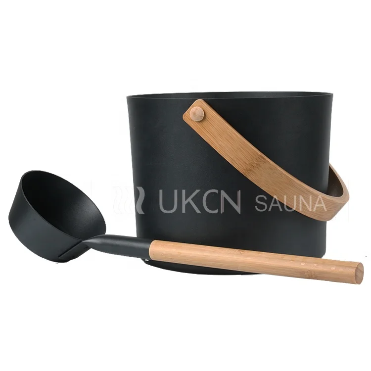 Aluminium Sauna bucket with bamboo handle, metal bucket with wooden handle