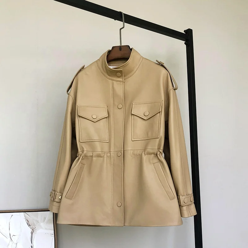 2022 Spring New Leather Jacket Women Mid-Length Waist Sheepskin Windbreaker