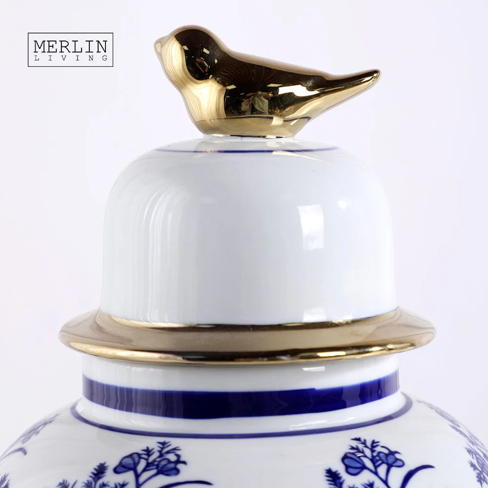 Сине-белая фарфоровая позолоченная керамическая Имбирная банка Merlin ваза завод чаочжоу оптовая продажа
