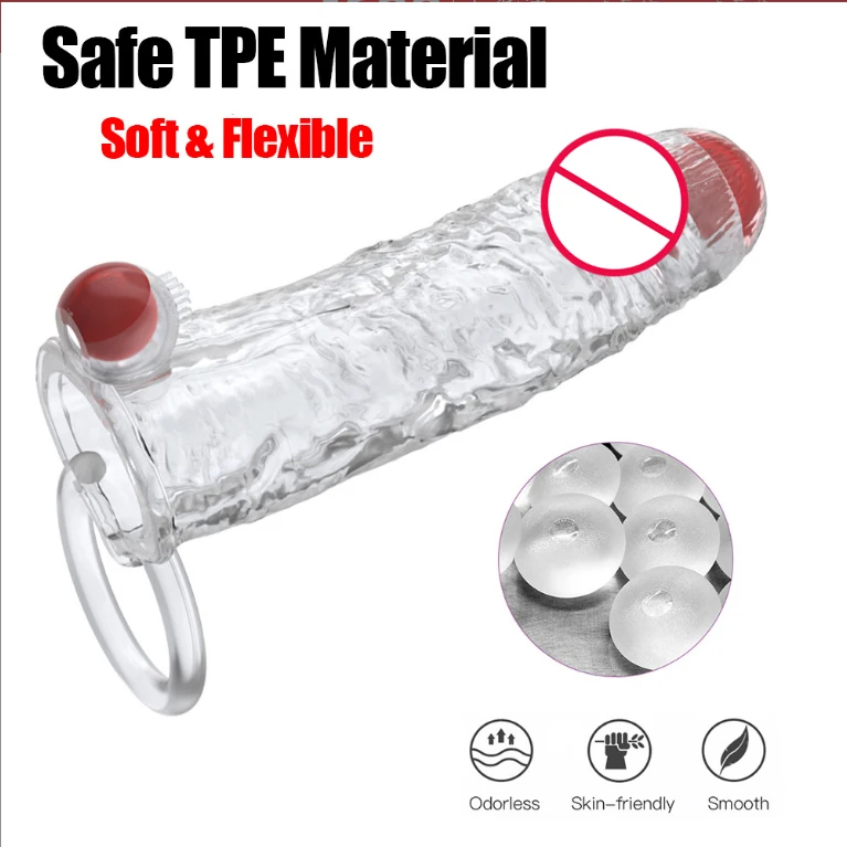Rechargeable Vibrating  TPE Penis Sleeve Condom For Men  Sleeve penis for Male 10 vibration  modes